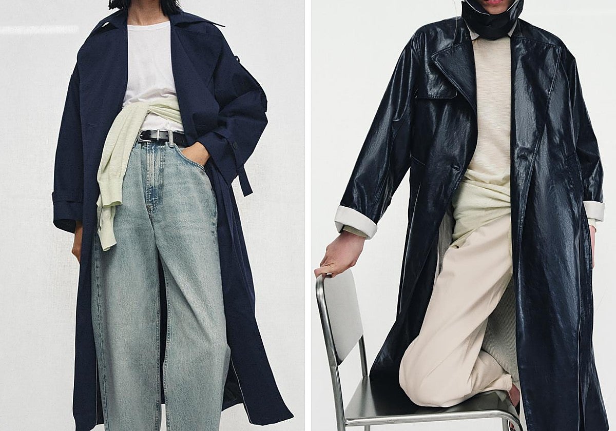 Gabardina larga azul y gabardina larga efecto piel.