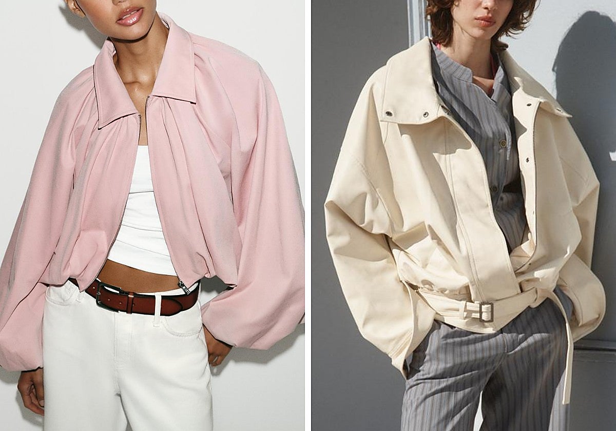 Chaqueta efecto 'bomber' rosa y chaqueta efecto 'bomber' con cuello subido.