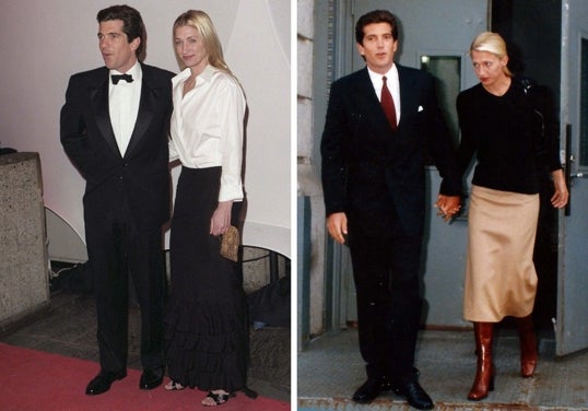 Carolyn con una camisa blanca de satén y una falda negra con volantes; y con un top negro combinado con una falda beige y botas marrones.