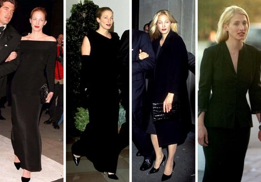 Carolyn y su oda al negro: vestido con escote 'hombros caídos', vestido de tirantes con guantes largos, abrigo negro y traje de dos piezas.