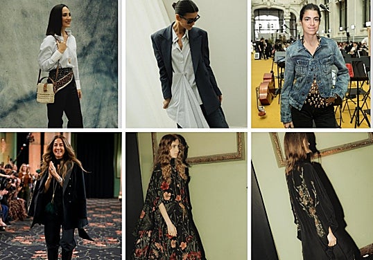 Tamara Falcó, en el 'photocall' de Pedro del Hierro; Rosa Copado, en el de Juan Vidal; Leandra Medine posa en la pasarela de Pedro del Hierro, Johanna Ortiz y dos de los 'looks' presentados por la creadora colombiana en la pasarela de Madrid.