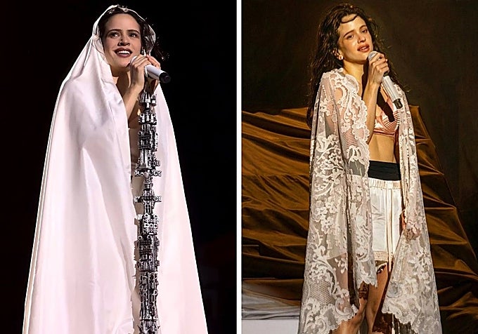 Rosalía vestida con la capa blanca en su concierto de Madrid y con la mantilla de encaje de 'Les Fleurs', en el concierto de Lyon.