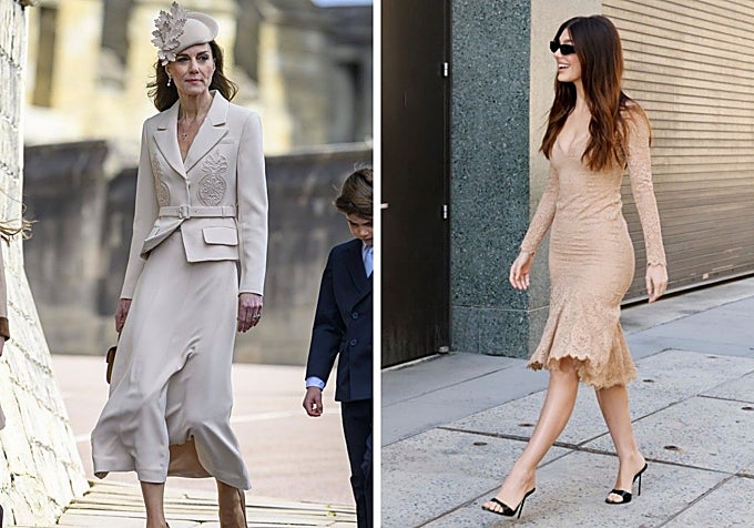 Kate Middleton con un traje de Autorretrato y Camila Morrone con un vestido de encaje de Gucci.