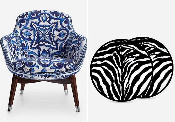 Sillón lavanda y juego de platos con esampado de cebra de Dolce & Gabbana.
