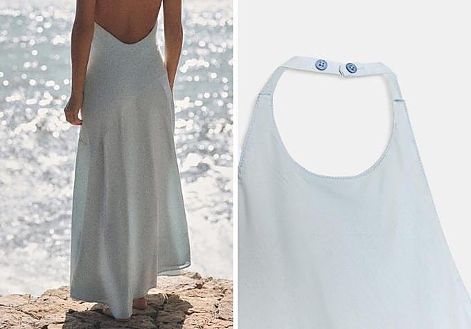 Vestido de cuello halter en color azul de Zara.