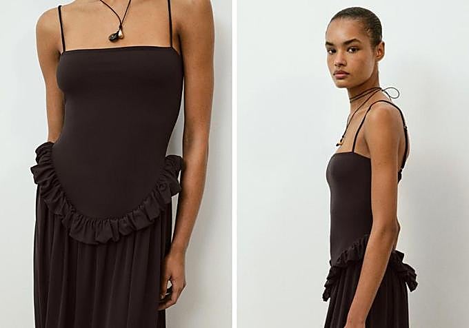 Modelo con vestido de invitada de Zara.