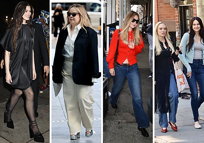 Anne Hathaway y Nicola Coughlan con zapatos de plataforma, mientras Gigi Hadid calza mocasines y Lindsay Lohan y Shailene Woodley caminan con bailarinas.