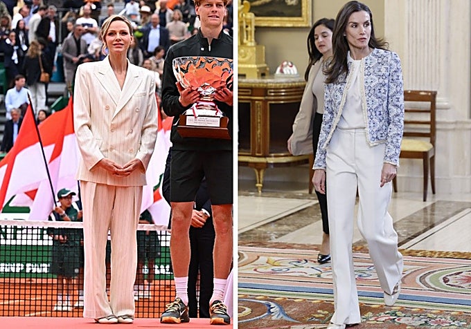 Foto de la final de tenis entre SIner y Alcaraz, junto a ellos, la presidenta de la Federación Monegasca de Tenis, Melanie de Massy, ​​el príncipe Alberto y su mujer, la princesa Charlene de Mónaco, quien calza unas bailarinas de Roger Vivier. La Reina Letizia camina con un modelo estilo Mary Jane destalonado de la firma Sézane.