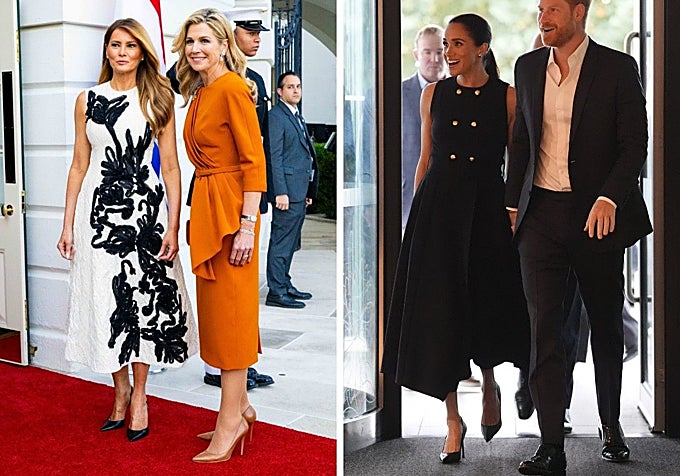 Melania Trump, Máxima de Holanda y Meghan Markle, que caminan de la mano del príncipe Harry, calzan un clásico protocolario: zapatos de tacón alto.