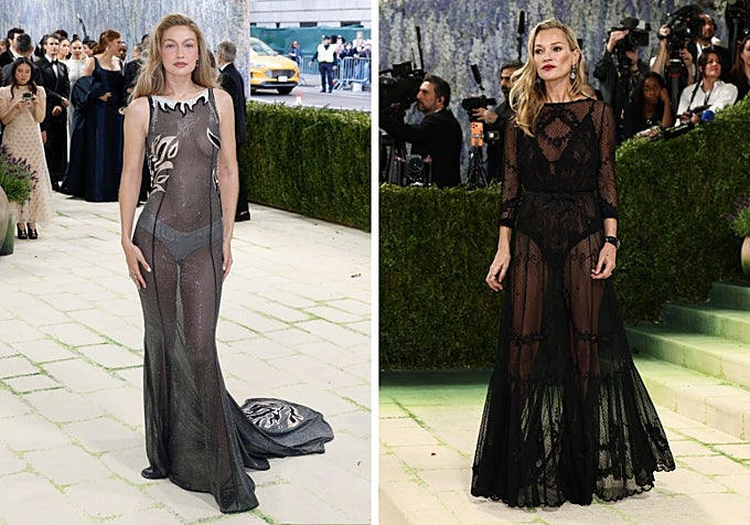 Gigi Hadid y Kate Moss con vestidos transparentes.