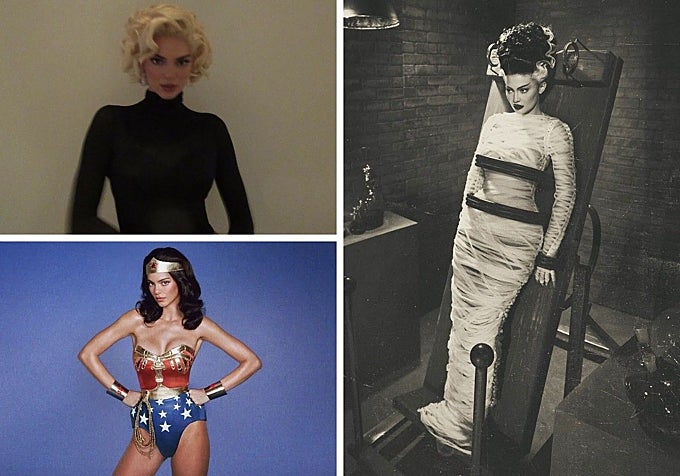 A la izquierda, Kendall disfrazada de Marilyn Monroe y de Wonder Woman; a la derecha, Kylie de Frankenstein
