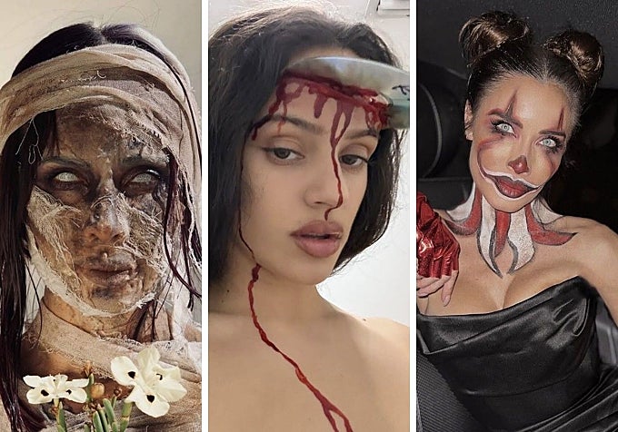 Pilar Rubio disfrazada de momia y payaso; en el centro, Rosalía con su disfraz de Halloween