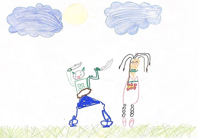 María (7 años). Esta niña representa, según Irene López, psicóloga de anda Conmigo, «dos figuras separadas sin contacto ni interacción gráfica entre ellas, pese a la consigna de dibujarse jugando junto a su hermano, lo que orienta a explorar en la calidad del vínculo franterno».