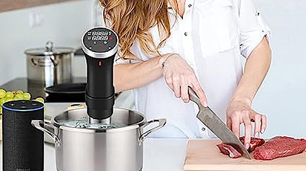 Mujer cocinando carne sous vide