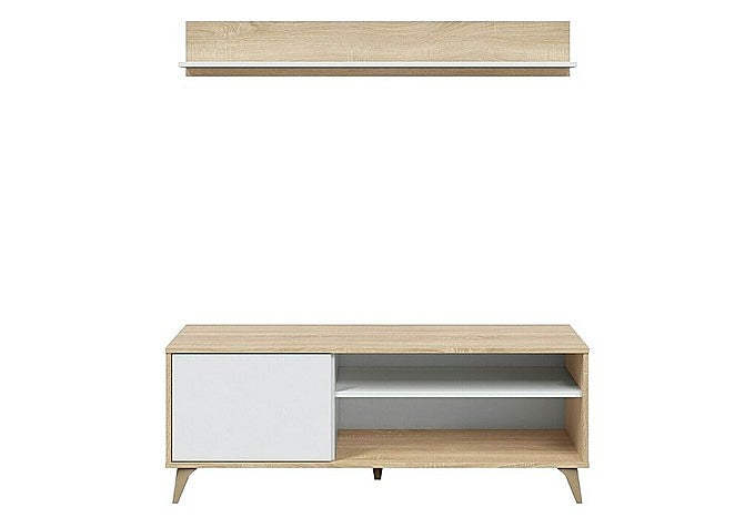 ueble para TV Kikua Plus con estante superior en roble y blanco
