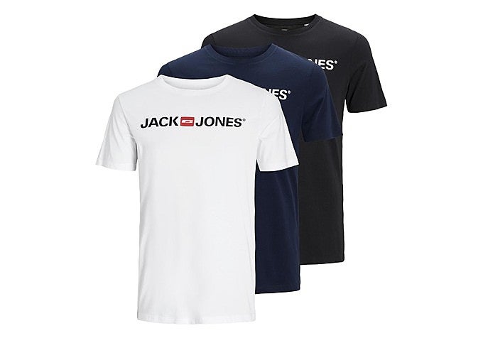 ack de tres camisetas Jack & Jones Jjecorp en negro, blanco y azul marino