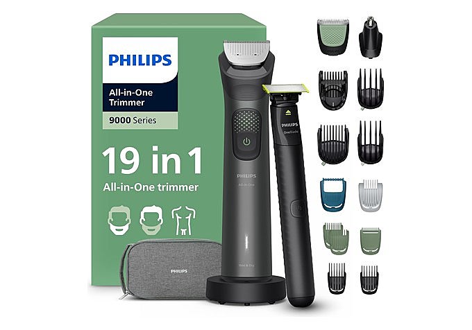 ecortadora Philips Multigroom Serie 9000 con OneBlade y sus accesorios