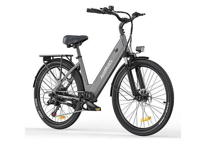 Bicicleta eléctrica urbana HillMiles MileCity 1 en gris claro con cuadro de paso bajo