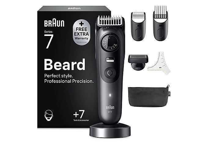 Recortadora de barba Braun Series 7 BT7535 en gris con su base de carga
