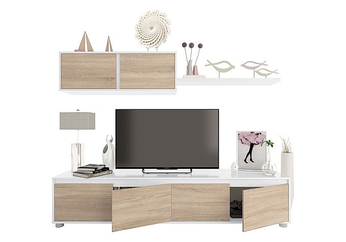 Mueble de salón y TV Alida en blanco y roble con módulo colgado