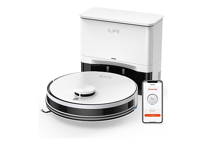 Robot aspirador ILIFE A30 Pro junto a su estación de autovaciado