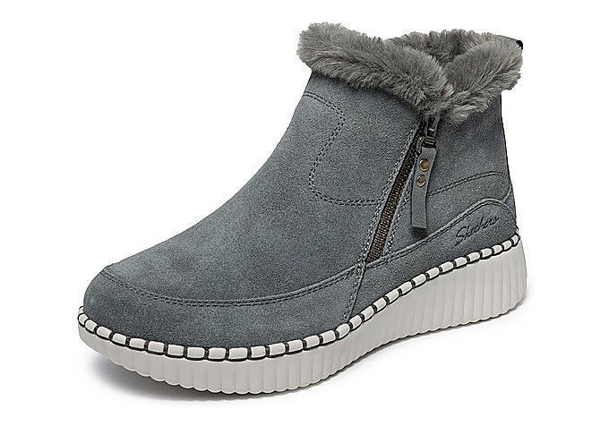 Botines de gamuza color oliva Skechers Wilshire Blvd Fresh Zip con forro de pelo sintético