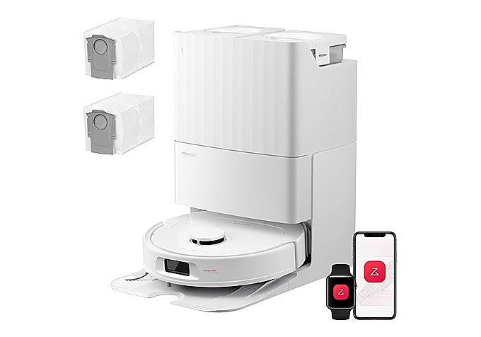 Robot aspirador roborock Qrevo S Pro con su base en blanco