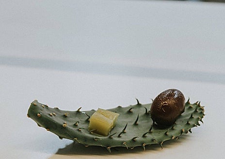 Imagen secundaria 1 - Sobre estas líneas, arriba, la terraza de Muxgo. Abajo, dos platos de sus menús actuales