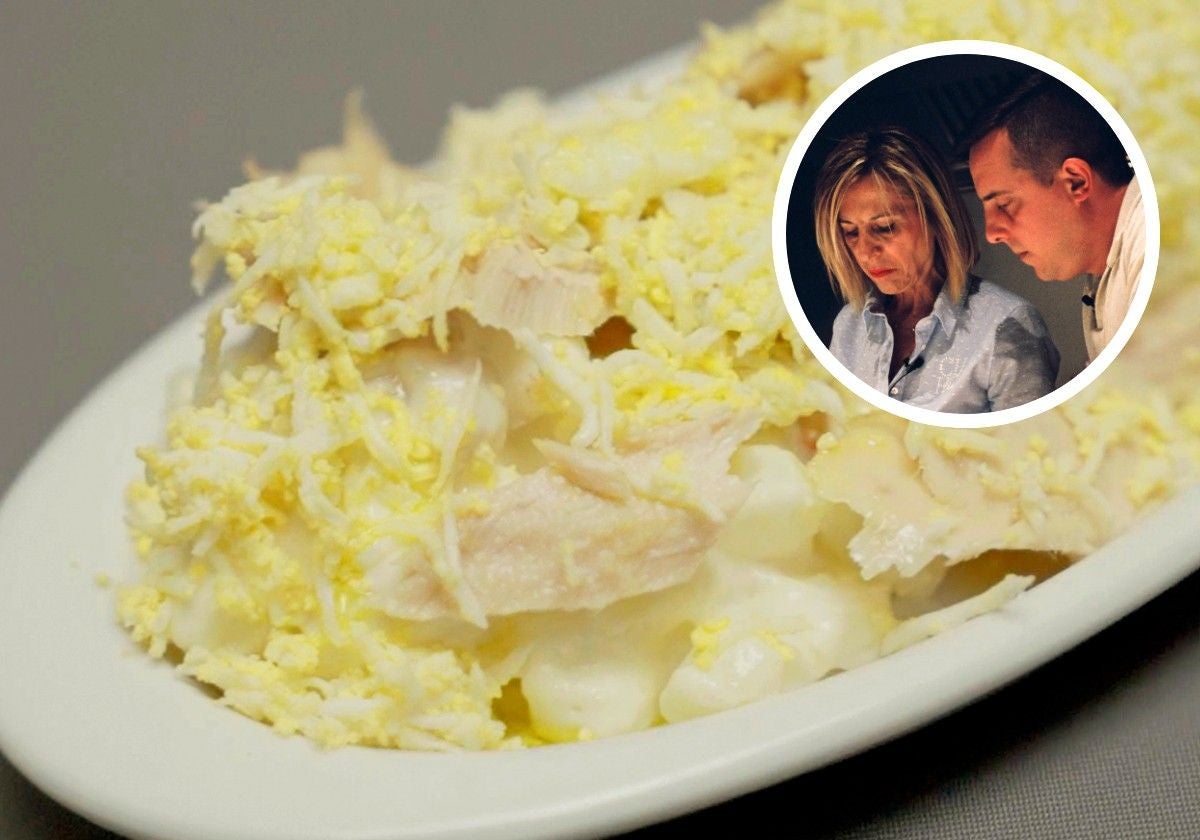 Ensaladilla rusa de Los Caños. Arriba a la derecha, Miguel Caño y Rosa León cocinándola juntos para ABC en la cocina de Nublo (Haro)