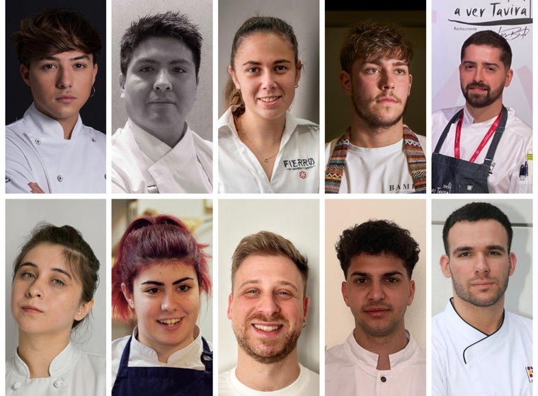 Todos los candidatos participantes en la final regional de España y Portugal de la S. Pellegrino Young Chef Academy de 2024. De izquierda a derecha, de arriba a abajo: el ganador José María Borrás, William Saavedra, Cristina Gómez, Pablo Blázquez, Francisco Avalada, Javiera Araya, Jasone Labayru, Alessandro Bartoli, Loris Falzone y Christian Mor