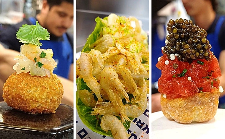 Imagen principal - Arriba, algunos de los bocados pensados para comer con las manos en Krudo Raw Bar: croqueta enchupetada, saam de gamba cristal y tartaleta de atún rojo (con un extra de caviar, con coste adicional). Debajo, ceviche mixto de corvina y pulpo y soft crab con chipotle