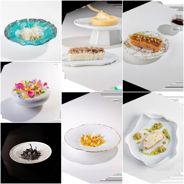 Platos icónicos de Quique Dacosta, en el mismo orden que en la imagen anterior, en los que están inspiradas las obras artísticas de 'Octavo': brioche ahumado, torta de almendra, flores raras, pescadilla de Denia, paté en costra, arroz cenizas de trufa negra, fideua azafranada