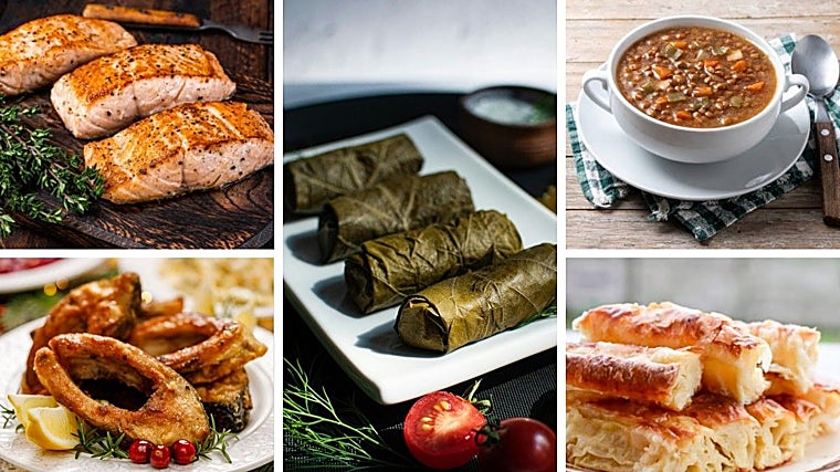Salmão, carpa frita, folhas de uva recheadas, lentilhas cozidas e banitsa