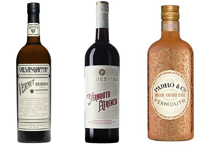 Selección de vermuts de François Monti: Valsangiacomo Reserva, Valdespino Reserva y Padró Dorado Amargo Suave.