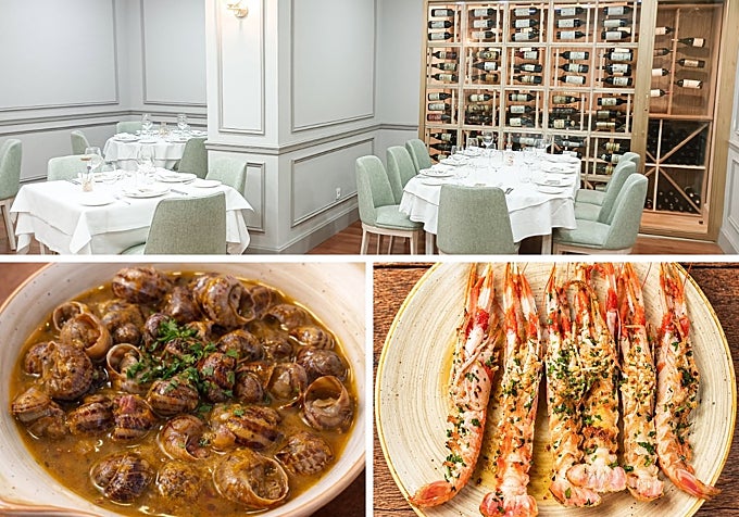 Arriba, en el salón principal del Restaurante Plaza. A continuación se muestran sus platos picantes de caracoles y mariscos.