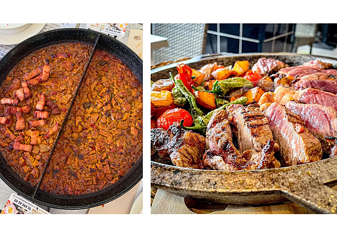 Paellera de El Secreto del Soto con dos sabores de arroz y carne.