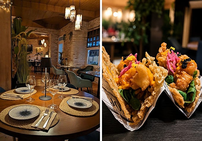 Salón La Terraza del Zoco y sus tacos de tortilla de camarones.
