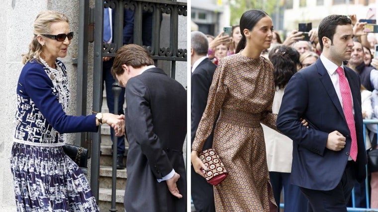 La Infanta Elena saluda al novio, José Luis Martínez-Almeida, acompañada por sus hijos, Victoria Federica y Juan Froilán