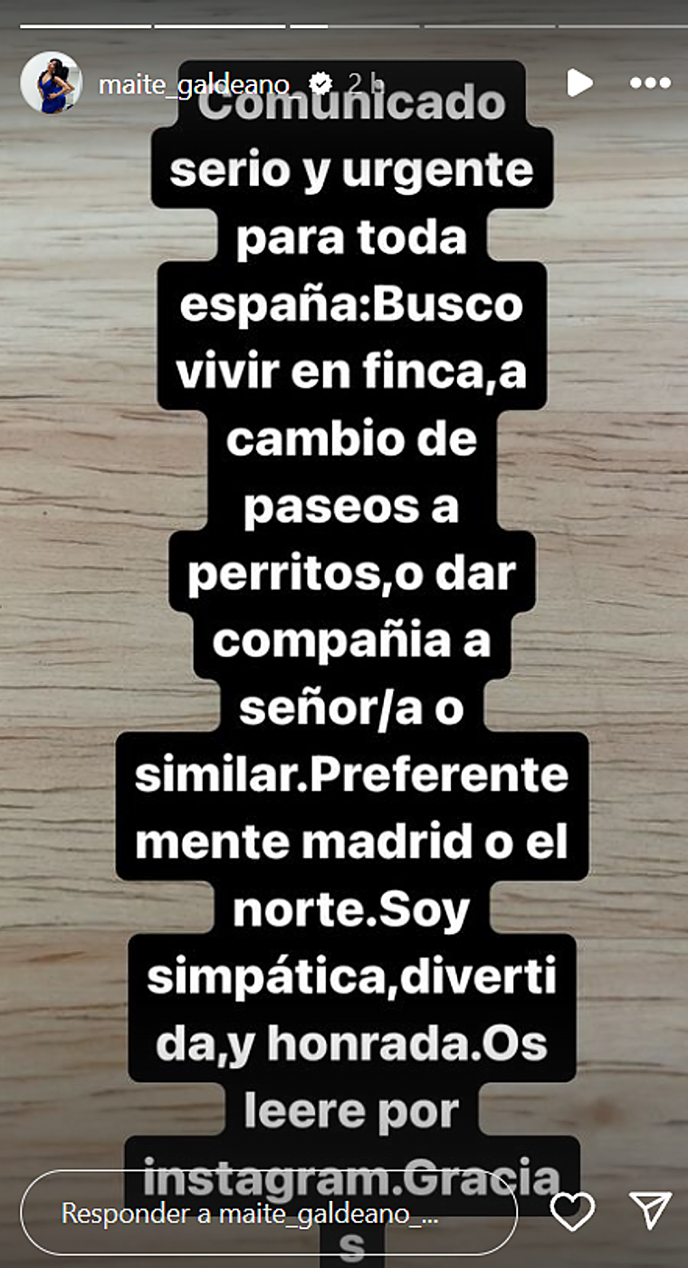 Maite Galdeano busca casa desesperadamente «a cambio de dar paseos a perritos o dar compañía»
