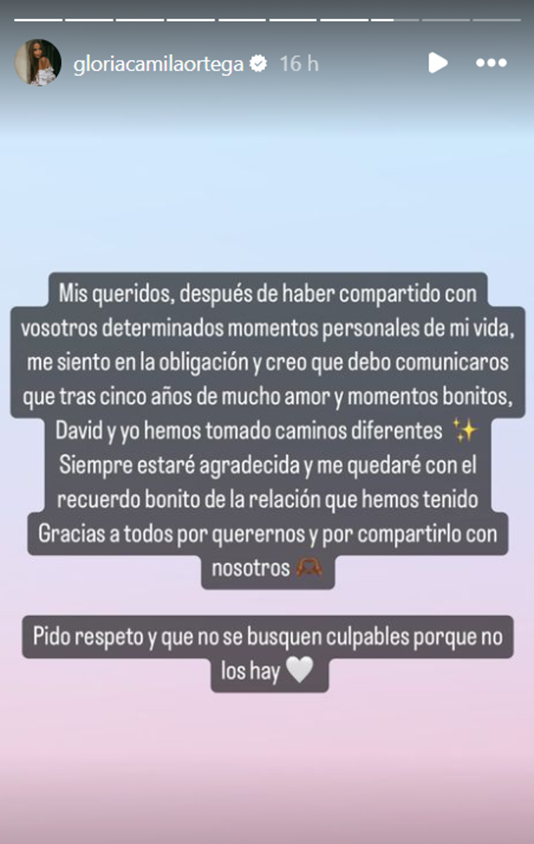 Gloria Camila emite un contundente comunicado: «Pido respeto y que no se busquen culpables»