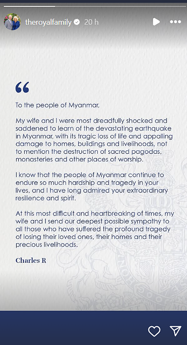 Carlos III de Inglaterra emite un comunicado tras su ingreso hospitalario para mandar su apoyo tras el terremoto de Birmania: «Estamos conmocionados»