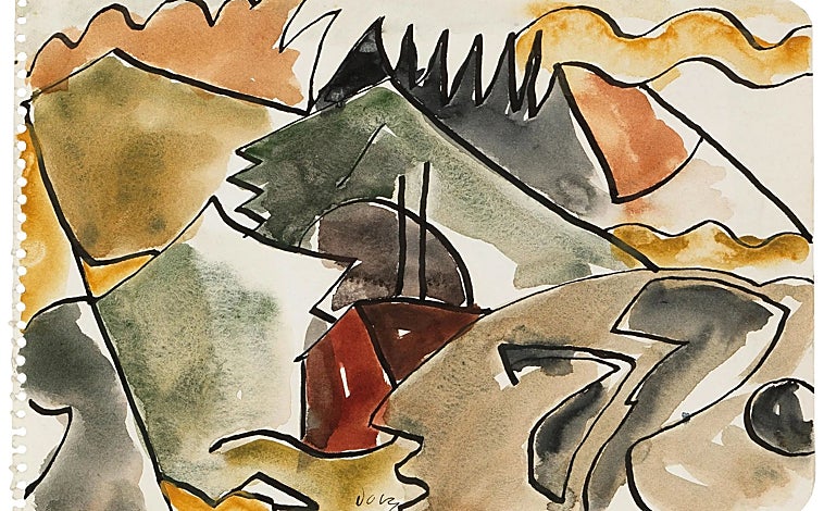 Imagen principal - Una acuarela de Arthur Dove, entre 13.000 y 21.000 euros; un cuadro de 1957 de Milton Avery, estimado entre 430,000 y 600,000 euros; y un busto de San Juan Baptista de Auguste Rodin, entre 51.000 y 69.000 euros.