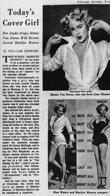 Periódico comparando a Mamie Van Doren con Marilyn Monroe.