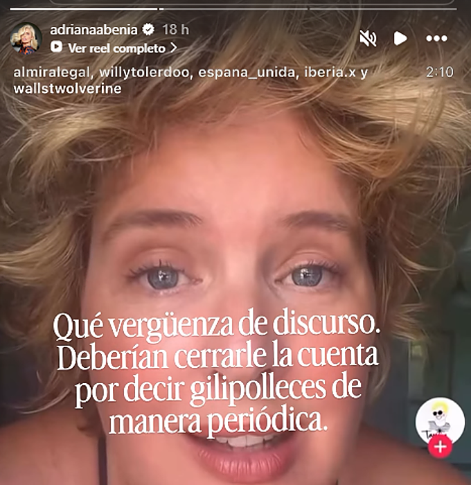 Adriana Abenia en sus stories contra Tania Llasera.