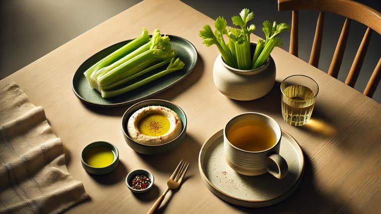 Té verde, palitos de apio y hummus