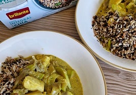 Curry de verduras, pollo y arroz integral Brillante