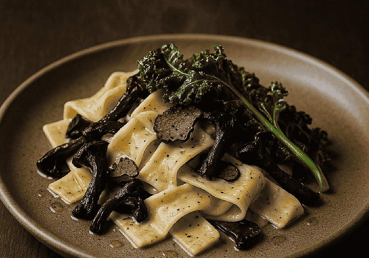 Pappardelle fresco con trompetas de la muerte en Bodegas Mezquita