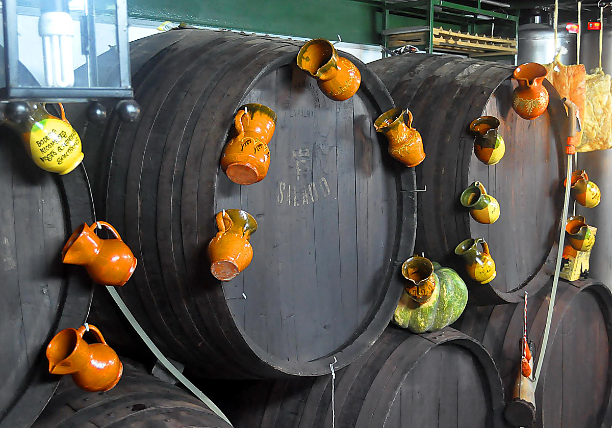 Imagen secundaria 1 - Imágenes de la Bodeguita Nicomedes: Plato de huevos fritos con patatas, chuletitas de cordero, chorizo y pimientos, bocoyes donde fermentan el vino joven y tabla de chacinas con mosto