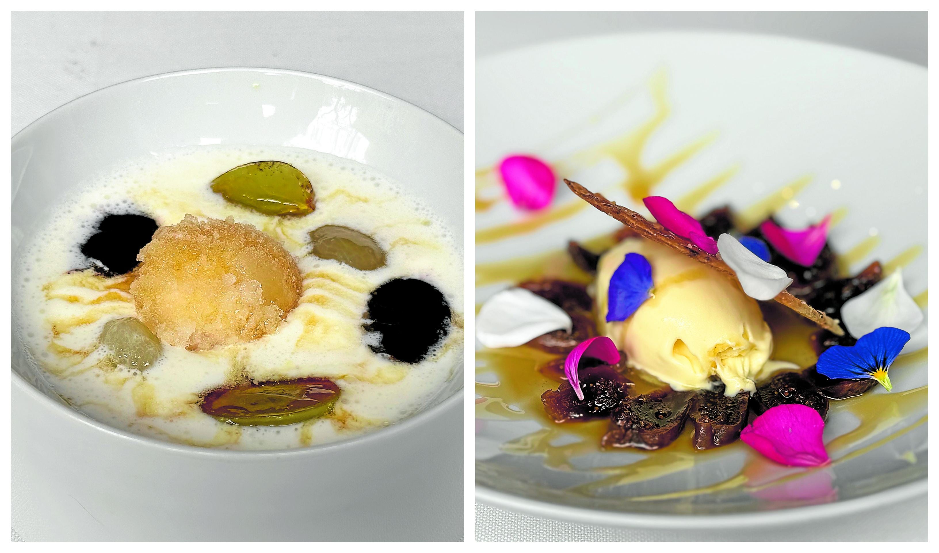 Iogurte à grega com uvas muscadine em diferentes texturas e sorvete de camomila; figos desidratados e reidratados com sorvete de queijo payoyo e calda de noz-moscada