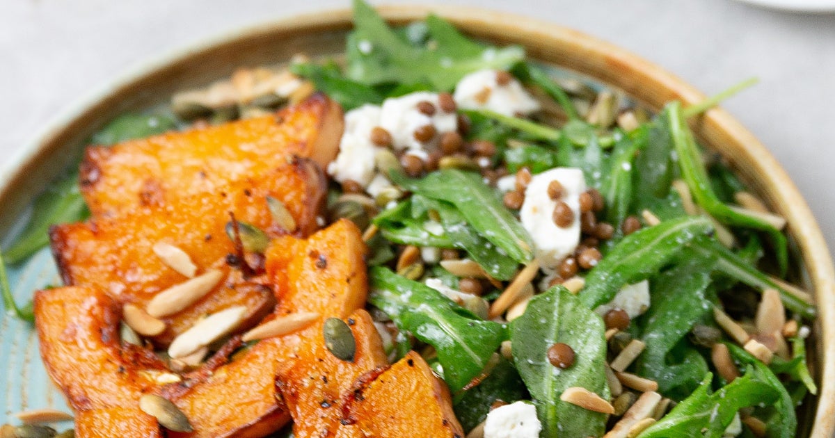 Lentejas con calabaza asada y feta